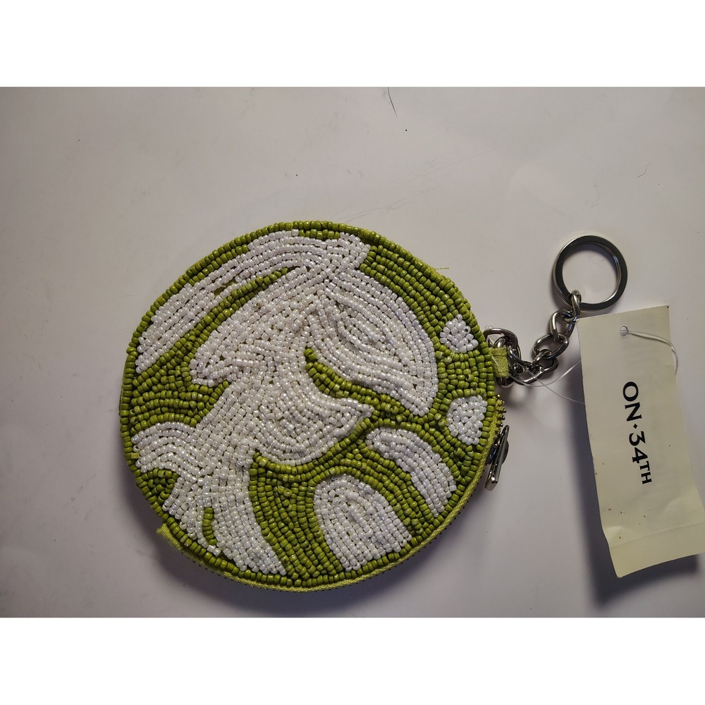 On‎ 34th Beaded Monstera Leaf Coin Purse Keychain Green White Round Pouch NWT